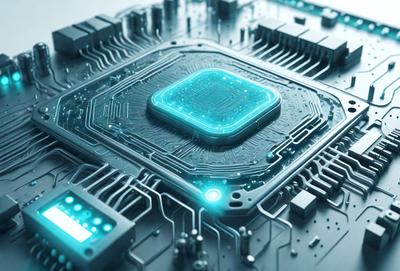 The primary subject of the image is a computer circuit board with a blue square in the center. The setting is a white background, and the visual style is a digital art or illustration. The dominant colors are blue and white, creating a clean and modern atmosphere.