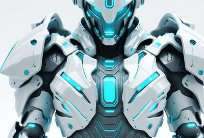 The primary subject of the image is a futuristic robot with a white and blue color scheme. The robot is wearing a suit with a lot of detail, including a helmet and a visor. The setting is a white background, which provides a clean and minimalist look to the image. The visual style is digital art, as the robot is depicted in a highly detailed and intricate manner. The colors and mood of the image are predominantly white and blue, giving it a sleek and modern appearance.