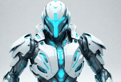 The primary subject of the image is a futuristic robot with a white and blue color scheme. The robot is prominently displayed in the foreground, with its armor and design elements creating a sense of power and strength. The setting is a white background, which provides a clean and minimalist backdrop for the robot's appearance. The visual style of the image is digital art, as it is a well-crafted and detailed illustration of the robot. The colors and mood of the image are predominantly white and