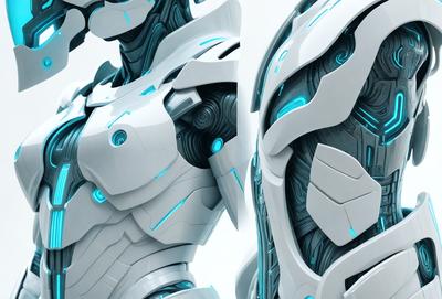The primary subject of the image is a futuristic robot with a white and blue color scheme. The robot is composed of various mechanical parts, including a large arm and a head with a blue glow. The setting is a white background, which provides a clean and minimalist appearance to the robot. The visual style is digital art, as the robot is depicted in a highly detailed and intricate manner. The colors and mood of the image are predominantly white and blue, giving the robot a sleek and modern appearance.