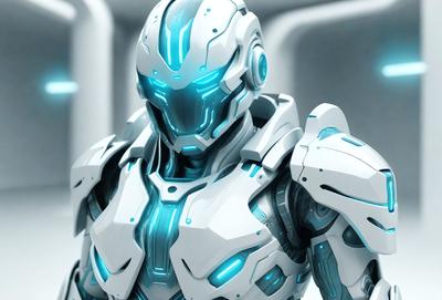 The primary subject of the image is a futuristic robot with a white and blue color scheme. The robot is the main focus of the image, and it is depicted in a digital art style. The setting is a white room, which serves as the background for the robot. The overall atmosphere of the image is futuristic and technological, with the robot's design and color scheme contributing to this mood.
