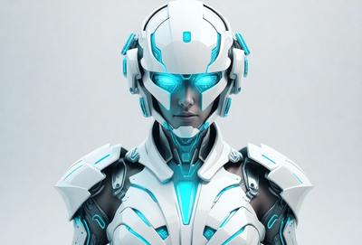 The primary subject of the image is a futuristic robot with a white and blue color scheme. The robot has a humanoid appearance, featuring a head with a visor and a mouth. The setting is a white background, which provides a clean and minimalist look to the image. The visual style is a digital art or illustration, showcasing the robot's intricate design and details. The colors and mood of the image are predominantly white and blue, giving it a sleek and modern feel.
