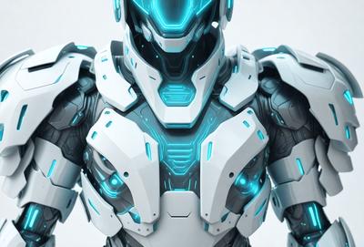 The primary subject of the image is a futuristic robot with a white and blue color scheme. The robot is wearing a white suit with blue accents, and it has a metallic appearance. The setting is a white background, which provides a clean and minimalist look to the image. The visual style is digital art, as the robot is depicted in a highly detailed and realistic manner. The colors and mood of the image are bright and energetic, with the blue accents adding a touch of energy and excitement
