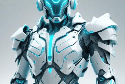 The primary subject of the image is a futuristic robot with a white and blue color scheme. The robot is the main focus of the image, and it is depicted in a digital art style. The setting is a white background, which provides a clean and minimalist appearance. The visual style is futuristic and high-tech, with the robot's design resembling a cyborg. The colors and mood of the image are predominantly white and blue, giving it a clean, sleek, and modern feel.
