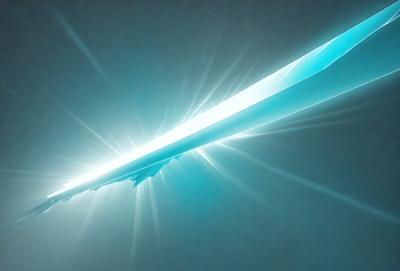 The primary subject of the image is a blue sword, which is the main object and focus of the scene. The sword is positioned in the center of the image, with its light reflecting off the surface. The setting is a blue background, which complements the color of the sword. The visual style of the image is a combination of photo and digital art, creating a unique and eye-catching representation of the sword. The colors and mood of the image are predominantly blue, giving it a calm and serene atmosphere.