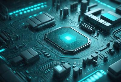 The primary subject of the image is a computer circuit board with a blue square in the center. The setting is a close-up view of the circuit board, showcasing its intricate design. The visual style is a digital art or illustration, as the image is a detailed and realistic representation of the circuit board. The colors and mood of the image are predominantly blue, giving it a calm and technological atmosphere.
