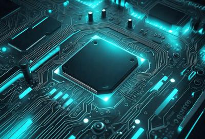 The primary subject of the image is a computer chip, which is the main object in the scene. The setting is a computer circuit board, and the visual style is a digital art or illustration. The dominant colors in the image are blue and green, creating a cool and modern atmosphere.