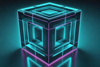 The primary subject of the image is a three-dimensional, neon-colored cube. The cube is made up of multiple smaller cubes, creating a visually striking and unique design. The setting is a dark background, which contrasts with the bright neon colors of the cube. The visual style of the image is a combination of digital art and illustration, creating a futuristic and modern appearance. The dominant colors in the image are neon pink, blue, and green, which contribute to the overall atmosphere of the scene