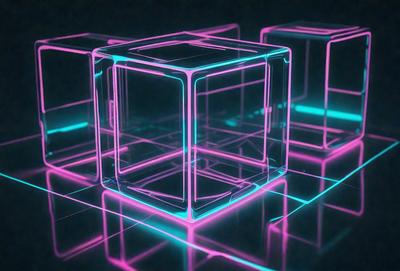 The primary subject of the image is a large, brightly colored, three-dimensional cube. The cube is made up of multiple smaller cubes, creating a visually striking and vibrant pattern. The setting is a dark background, which contrasts with the brightly colored cube, making it stand out even more. The visual style of the image is a combination of digital art and illustration, creating a unique and eye-catching design. The dominant colors in the image are pink, blue, and green, giving the scene a