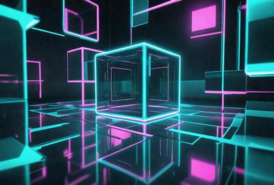 The primary subject of the image is a large, brightly colored, three-dimensional box. The box is illuminated by a neon light, giving it a vibrant and eye-catching appearance. The setting is a dark room, which contrasts with the brightly lit box. The visual style of the image is a combination of digital art and illustration, creating a unique and captivating scene. The dominant colors in the image are pink, green, and blue, which contribute to the overall mood of the
