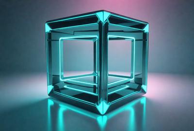 The primary subject of the image is a large, brightly colored, three-dimensional glass cube. The cube is illuminated by a green light, giving it a vibrant and luminous appearance. The setting is a white background, which provides a clean and uncluttered environment for the cube to stand out. The visual style of the image is a combination of photo and digital art, creating a unique and eye-catching display. The dominant colors in the image are green and white, with the green light creating a sense
