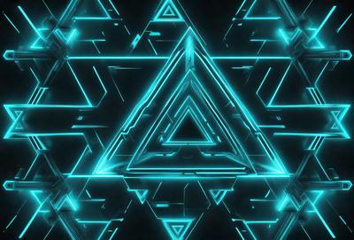 The primary subject of the image is a blue triangle, which is the main object, scene, or focus of the image. The setting or background features a blue and green geometric pattern, which adds to the overall visual style. The image appears to be a digital art or illustration, with a vibrant and colorful atmosphere.