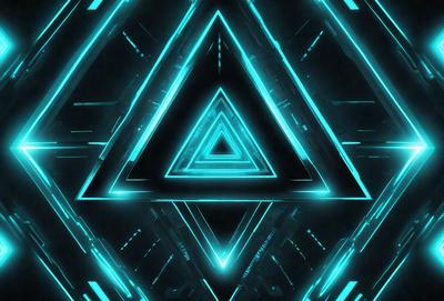 The primary subject of the image is a blue triangle, which is the main object, scene, or focus of the image. The setting or background features a blue and green geometric pattern, which adds to the overall visual style. The image appears to be a digital art or illustration, with a vibrant and colorful atmosphere.