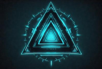 The primary subject of the image is a blue triangle, which is the main object, scene, or focus of the image. The setting or background is a dark blue surface, which adds to the overall atmosphere. The visual style of the image is digital art, as it is a computer-generated design. The dominant colors in the image are blue and black, creating a modern and sleek appearance.