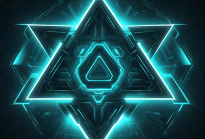 The primary subject of the image is a geometric pattern, which is a blue and green star. The setting is a dark background, which contrasts with the bright colors of the star. The visual style is digital art, as the pattern appears to be a computer-generated design. The colors and mood of the image are vibrant and energetic, with the blue and green star standing out against the dark background.