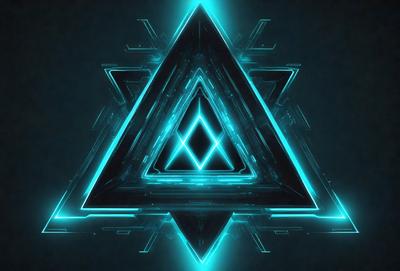 The primary subject of the image is a blue triangle with a geometric pattern. The setting is a dark background, which contrasts with the bright blue triangle. The visual style is digital art, as the triangle appears to be a part of a larger digital design. The dominant colors are blue and black, creating a modern and sleek atmosphere.