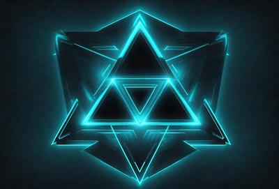 The primary subject of the image is a geometric pattern, specifically a blue triangle. The setting is a dark background, which contrasts with the bright blue triangle. The visual style is digital art, as the triangle is composed of multiple triangles arranged in a geometric pattern. The colors and mood of the image are predominantly blue, creating a calm and serene atmosphere.
