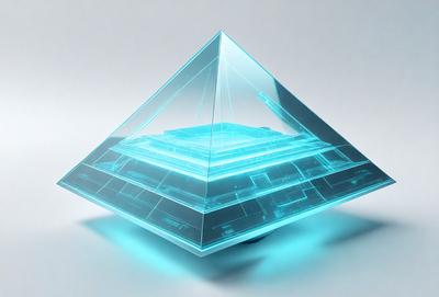 The primary subject of the image is a blue, three-sided pyramid. The setting is a white background, which provides a clean and minimalist appearance. The visual style is a digital art, as the pyramid is depicted in a futuristic, geometric design. The dominant colors are blue and white, creating a sense of modernity and sophistication.