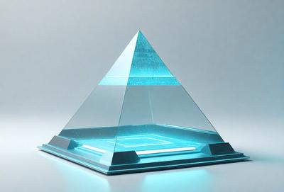 The primary subject of the image is a large, blue, illuminated pyramid. The setting is a white background, which provides a clean and minimalist appearance. The visual style is a combination of digital art and illustration, creating a futuristic and modern look. The dominant colors are blue and white, giving the image a calm and serene atmosphere.