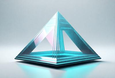 The primary subject of the image is a blue and pink triangular structure, which appears to be a three-dimensional model or a piece of art. The setting is a white surface, which provides a clean and uncluttered backdrop for the artwork. The visual style of the image is a combination of digital art and illustration, as it showcases the intricate details of the triangular structure. The colors and mood of the image are predominantly blue and pink, creating a sense of harmony and balance.