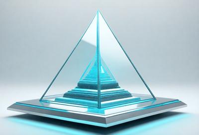 The primary subject of the image is a blue glass pyramid. The setting is a white background, which provides a clean and minimalist appearance. The visual style is a combination of digital art and illustration, as the pyramid is depicted in a stylized manner. The dominant colors are blue and white, creating a calm and serene atmosphere.