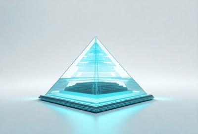 The primary subject of the image is a blue, glass pyramid. The setting is a white background, which provides a clean and minimalist appearance. The visual style is a digital art, as the pyramid is depicted in a stylized manner. The dominant colors are blue and white, creating a calm and serene atmosphere.