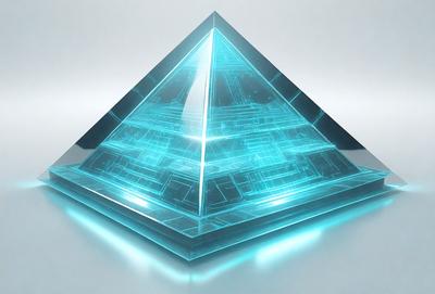 The primary subject of the image is a three-dimensional, blue-colored pyramid. The setting is a white background, which provides a clean and minimalistic environment for the pyramid. The visual style is a combination of digital art and illustration, creating a futuristic and modern appearance. The dominant colors are blue and white, giving the image a calm and serene atmosphere.