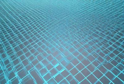 The primary subject of the image is a blue, textured surface with a pattern resembling a mesh or a honeycomb. The setting is a large, open space with a blue background. The visual style is a combination of digital art and illustration, creating a unique and intriguing pattern. The colors and mood of the image are predominantly blue, giving it a calm and serene atmosphere.