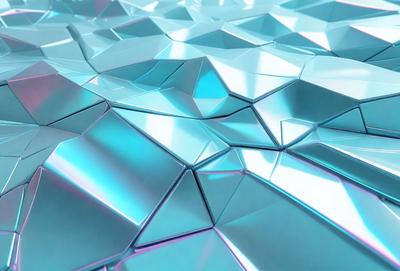 The primary subject of the image is a blue and silver patterned surface, which appears to be a metallic material. The setting is a blue background, and the visual style is a combination of photo and digital art. The colors and mood of the image are predominantly blue and silver, creating a modern and sleek atmosphere.