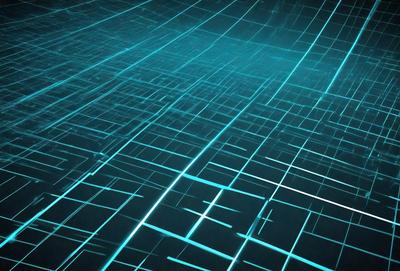 The primary subject of the image is a blue grid pattern. The setting is a dark background, which contrasts with the blue grid pattern. The visual style is a digital art or illustration, as the grid pattern appears to be a digital creation. The colors and mood of the image are predominantly blue, creating a calm and serene atmosphere.