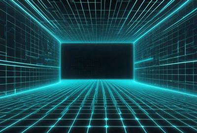 The primary subject of the image is a large, dark room with a blue glow. The room appears to be a futuristic setting, possibly a space station or a high-tech facility. The walls of the room are covered in a blue grid pattern, giving the space a unique and visually striking appearance. The overall atmosphere of the image is one of mystery and intrigue, as the viewer is left to wonder about the purpose and function of the room.