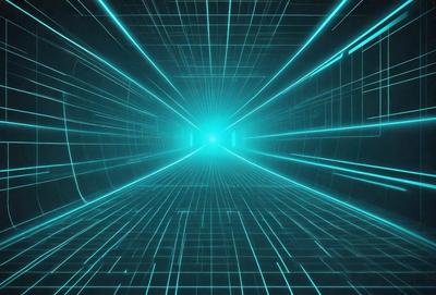 The primary subject of the image is a tunnel-like structure with a blue, grid-like pattern on the walls. The setting is a futuristic environment, possibly a space station or a high-tech facility. The visual style is a combination of digital art and illustration, creating a unique and captivating atmosphere. The dominant colors are blue and green, giving the scene a sense of depth and sophistication.