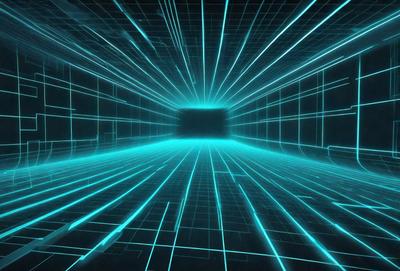 The primary subject of the image is a futuristic, blue-lit tunnel with a bright blue background. The setting appears to be a digital art or illustration, as the tunnel is filled with blue lines and shapes, creating a visually striking and unique environment. The overall atmosphere of the image is futuristic and captivating, with the blue lighting and intricate patterns creating a sense of depth and movement.