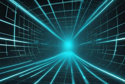 The primary subject of the image is a tunnel-like structure with a blue light illuminating it. The setting is a dark environment, and the visual style appears to be a digital art or illustration. The dominant colors are blue and black, creating a futuristic and mysterious atmosphere.