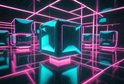 The primary subject of the image is a large, brightly colored, three-dimensional cube. The cube is surrounded by a vibrant, neon-colored environment, which adds a sense of energy and excitement to the scene. The visual style of the image is a combination of photo and digital art, creating a unique and eye-catching display. The dominant colors in the image are pink, green, and blue, which contribute to the overall lively and energetic atmosphere.