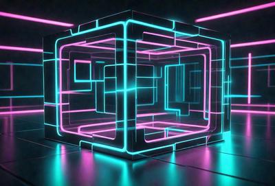 The primary subject of the image is a three-dimensional, neon-colored cube. The cube is illuminated with a bright, colorful glow, creating a visually striking and vibrant scene. The setting appears to be a dark room, with the cube as the main focus. The visual style of the image is a combination of digital art and illustration, giving it a futuristic and modern appearance. The dominant colors in the image are neon pink, green, and blue, which contribute to the overall