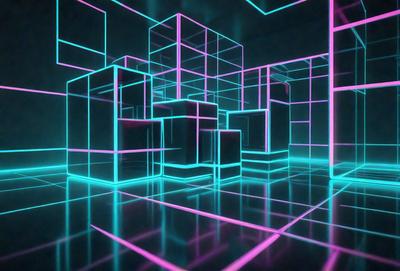 The primary subject of the image is a brightly colored, neon-lit room with a futuristic, digital art-like appearance. The setting is a dark room with a blue and pink color scheme, creating a visually striking and unique atmosphere. The visual style of the image is a combination of photo and digital art, giving it a surreal and artistic quality. The dominant colors in the scene are pink and blue, which contribute to the overall mood of the image.