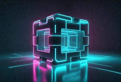 The primary subject of the image is a large, three-dimensional, neon-colored cube. The cube is positioned on a purple surface, which adds a contrasting color to the scene. The visual style of the image is digital art, as it appears to be a computer-generated or digitally rendered object. The dominant colors in the image are neon pink and purple, creating a vibrant and lively atmosphere.