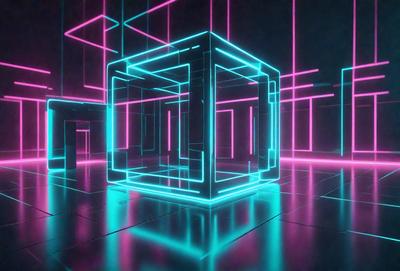The primary subject of the image is a large, brightly colored, three-dimensional box. The box is illuminated by neon lights, giving it a futuristic and vibrant appearance. The setting is a dark room, which contrasts with the brightly lit box. The visual style of the image is a combination of digital art and illustration, creating a unique and captivating scene. The dominant colors in the image are neon green, pink, and blue, which contribute to the overall atmosphere of the scene