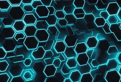 The primary subject of the image is a blue and green geometric pattern. The setting is a dark background, which contrasts with the bright colors of the pattern. The visual style is a digital art or illustration, creating a unique and eye-catching design. The dominant colors are blue and green, giving the pattern a vibrant and lively appearance.