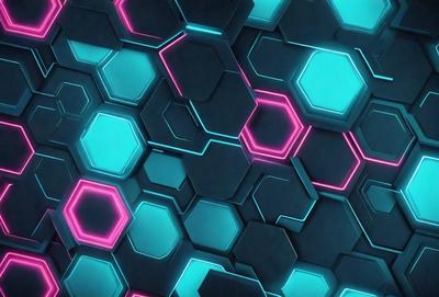 The primary subject of the image is a blue and pink geometric pattern. The setting is a dark background, which contrasts with the bright colors of the pattern. The visual style is a digital art or illustration, creating a unique and eye-catching design. The dominant colors are blue and pink, giving the image a vibrant and lively atmosphere.