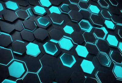 The primary subject of the image is a blue and black geometric pattern. The setting is a black background, and the visual style appears to be a digital art or illustration. The dominant colors are blue and black, creating a modern and sleek atmosphere.