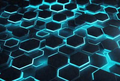 The primary subject of the image is a blue and black hexagonal pattern. The setting is a dark background, which contrasts with the bright blue and black hexagons. The visual style is a digital art or illustration, as the hexagons are arranged in a complex and intricate manner. The colors and mood of the image are predominantly dark and moody, with the blue hexagons providing a touch of brightness and contrast against the black background.