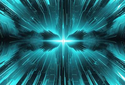 The primary subject of the image is a futuristic, blue-lit tunnel with a bright light at the end. The tunnel appears to be a part of a larger structure, possibly a spacecraft or a futuristic building. The setting is a dark, futuristic environment, and the visual style is a combination of digital art and illustration. The dominant colors are blue and green, creating a sense of depth and a futuristic atmosphere.