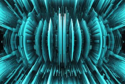 The primary subject of the image is a large, blue, circular structure with a hole in the center. The setting is a futuristic environment, possibly a space station or a futuristic city. The visual style is a combination of digital art and illustration, creating a vibrant and dynamic scene. The dominant colors are blue and green, giving the image a futuristic and technological atmosphere.