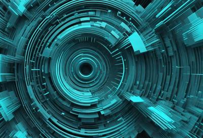 The primary subject of the image is a blue, circular, and intricate design. The setting is a futuristic, digital environment, with a blue background. The visual style is a combination of digital art and illustration. The dominant colors are blue and purple, creating a calm and futuristic atmosphere.