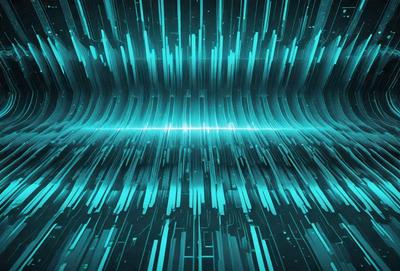 The primary subject of the image is a blue and green digital artwork. The setting is a futuristic environment, with a backdrop of a blue and green patterned surface. The visual style is digital art, and the colors and mood are predominantly blue and green, creating a sense of depth and complexity.