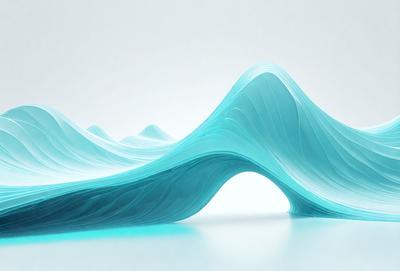 The primary subject of the image is a blue, curved, and wavy sculpture or art piece. The setting is a white background, which provides a clean and minimalist appearance. The visual style is a combination of digital art and illustration, as the piece appears to be a digital creation. The colors and mood of the image are predominantly blue, creating a sense of calmness and tranquility.