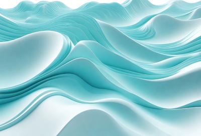 The primary subject of the image is a large, white, and blue wave. The wave is the main focus of the image, and it appears to be a digital art or illustration. The setting is a blue ocean, and the visual style gives the impression of a modern, abstract design. The dominant colors in the image are white and blue, creating a calm and serene atmosphere.