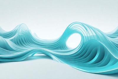 The primary subject of the image is a blue, curved, and wavy sculpture or artwork. The setting is a white background, which provides a clean and minimalist appearance. The visual style is a combination of digital art and illustration, as the blue sculpture appears to be a digital creation. The colors and mood of the image are predominantly blue, creating a sense of calmness and tranquility.